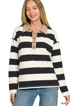 Zenana Striped Contrast Collar Polo Tee