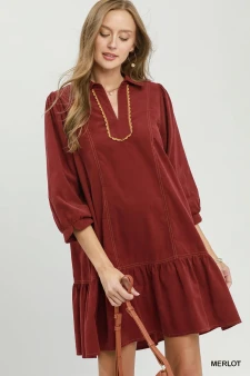 Umgee Corduroy Contrast Trim Tiered Babydoll Dress