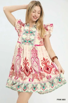 Umgee Mix Ruffle Sleeve Boho Print Dress
