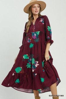 Umgee Floral Print Tiered Midi Dress with Puff Sleeves
