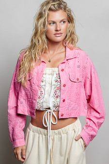 POL Eyelet Textured Cotton Cropped Button-Front Jacket