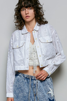 POL Eyelet Textured Cotton Cropped Button Front Jacket