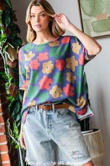 HOPELY Full Size Floral Round Neck Side Slit T-Shirt