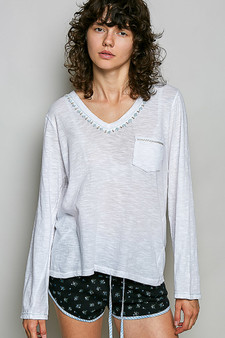 POL Contrast Hand-Stitch V-Neck Lightweight Knit Long Sleeve Top
