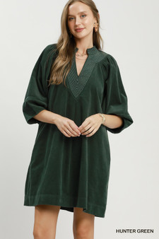 Umgee Corduroy V-Neck Puff Sleeve Shift Dress with Pockets
