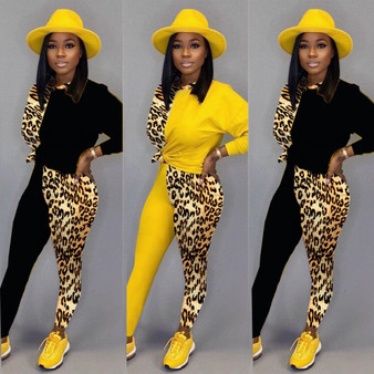 Women Casual Leopard Print Contrast Long Sleeve Top+ Pants Two-Piece Set