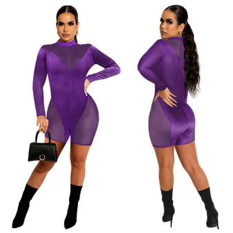 Sexy mesh See-Through Patchwork deep v Jumpsuit nightclub Rompers women