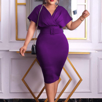 African Plus Size Women's Fashion Slim Fit V-Neck Chic Office Dress