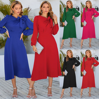 Long Sleeve Dress Fall Winter Round Neck Bow A-Line Maxi Dress