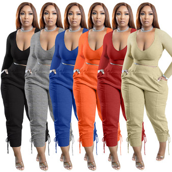 Fashion Plus Size Women Fashion Sexy V-Neck Solid Color Leggings Casual Two Piece Set