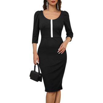 Fashion Women Solid Color Mid Waist Patchwork Bodycon Autumn Winter Dress