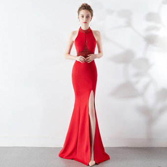 Women Elegant Sleeveless Fishtail Halter Party Evening Dress