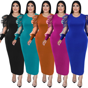 Plus Size Fall Women'S Round Neck Ruched Mesh Long Sleeve Solid Color Long Dress