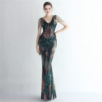 Elegant Positioning Flower Sequined Beaded Short-Sleeved Long Fishtail Evening Dress