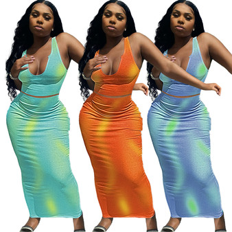 Women'S Tie-Dye Sexy U-Neck Tank Top Skirt Two Piece Set