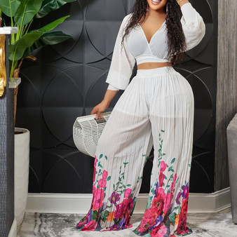 Women's Summer fashion v-neck printed top wide-leg pants two-piece suit