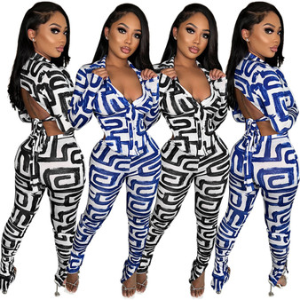 Women'S Fall/Winter Fashion Print Sexy Tight Fitting Low Back Pants Set Digital Print Two Piece Set