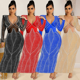 Women Sexy Nightclub Beaded Mesh See-Through V-Neck Long Sleeve Long Dress