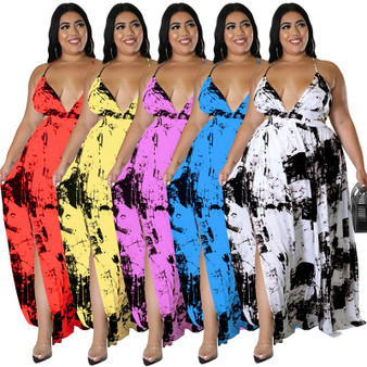 Plus Size Women's Summer Sling Low Back Ink Print Dress