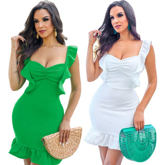 Women Summer Straps Ruffles Bodycon Dress