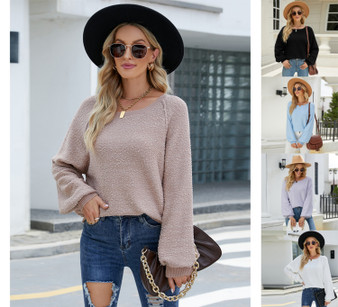 Women Fall Winter Long Sleeve Round Neck Loose Solid Sweater