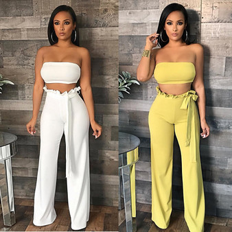 Sexy Women's Solid Strapless + Ruffles Wide Leg Pants Two Piece with Belt