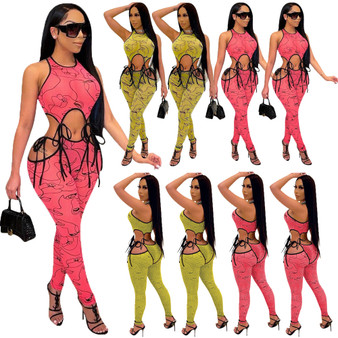 Women Fashion Print Cutout Lace-Up Jumpsuit