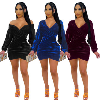 Women'S Clothing Fall Velvet Solid Color Pleated Long Sleeve Balloon Sleeve Deep V Slim Waist Dress