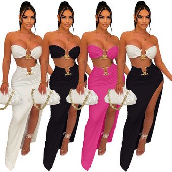 Women Clothes Casual Fashion Sexy Strapless Wrap Breast Irregular Skirt Two Piece Set Beachwear