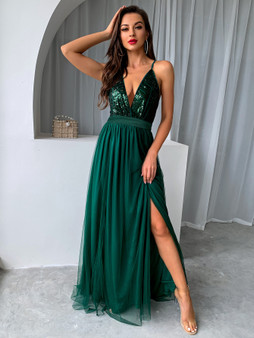 Women Clothes Summer Solid Sexy Strap Sequins Backless Slit Evening Dress