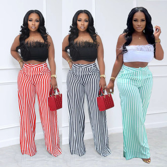 Sexy Ladies Striped Wide Leg Pants (No Stretch)