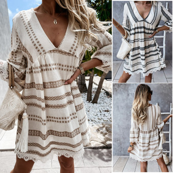 Women clothes summer V Neck lace Patchwork casual dress