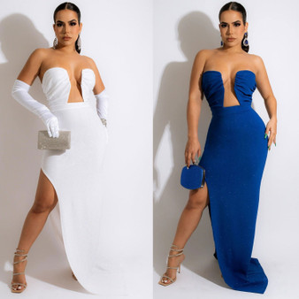 Sexy Strapless Deep Neck Slim Slit Party Evening Dress