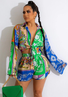 Summer Women printed long-sleeved top and shorts two-piece set