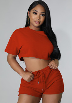 Women Casual Solid Crop Top And Shorts Two-Piece Set