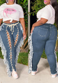 Women's Lace-Up Fringe Mid Rise Distressed Straight Denim Pants