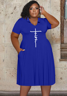 Casual Fashion Print Turndown Collar Short Sleeve Solid Plus Size Women's Midi Dress