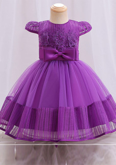 Girls Dress Dress Embroidered Solid Color Bow Knot Short Sleeve Puffy Princess Dress