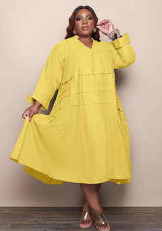 Womens Plus Size Solid V-neck long sleeve loose Dress