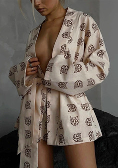 Printed Ladies Casual Tie Long Sleeve Robe Pajamas High Waist Shorts Two Piece Set Loose Loungewear