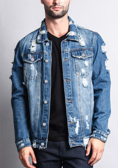 Men's Long Sleeve Ripped Denim Jacket