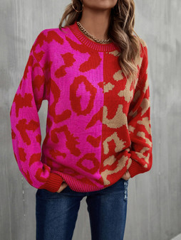 Fall/Winter Sweater Leopard Print Patchwork Mixed Knitting Pullover Sweater