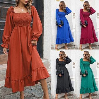 Women'S Fall/Winter Casual Ruffle Square Neck Swing Dress Maxi Dress