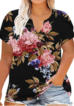 V-Neck Plus Size Ladies Short Sleeve T-Shirt Printed Top