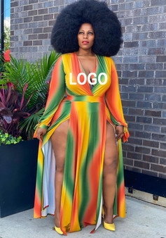 Customize Plus Size Tie Dye Long Sleeve Loose Dress