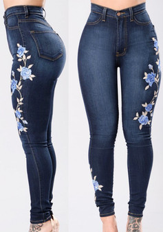 Denim Pants Embroidered Stretch Pencil Pants High Waist Trousers Women Jeans