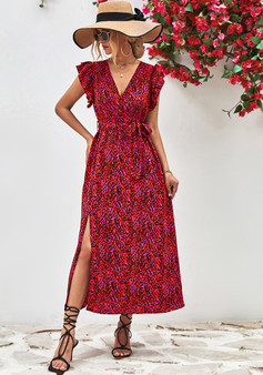 V-Neck Slit Print Casual Long Dress