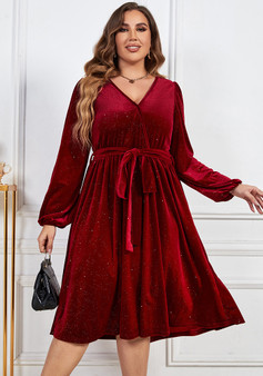 Plus Size Women Tie V-Neck Long Sleeve Dress