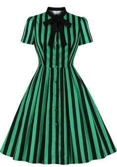 Plus Size Women's Turndown Collar Lace-Up Bow Vertical Stripe Short Sleeve Vintage Swing Dress