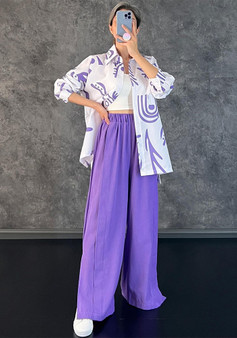 Women Solid v-neck short-sleeved shirt and high-waist wide-leg pants  two-piece set - The Little Connection